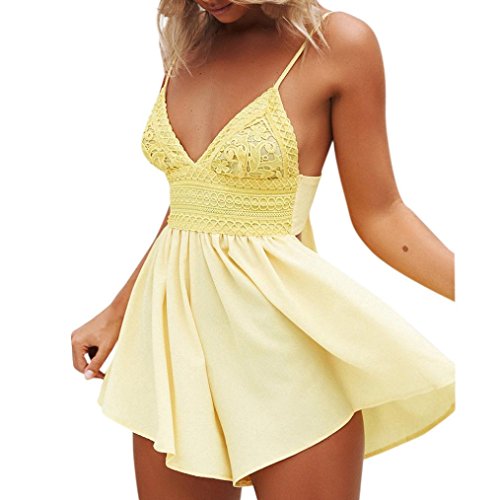 Hot Sale! Lace Rompers,Women Summer Bowknot Backless Jumpsuit Waist Belted Sling Party Bodycon (Yellow, XL)