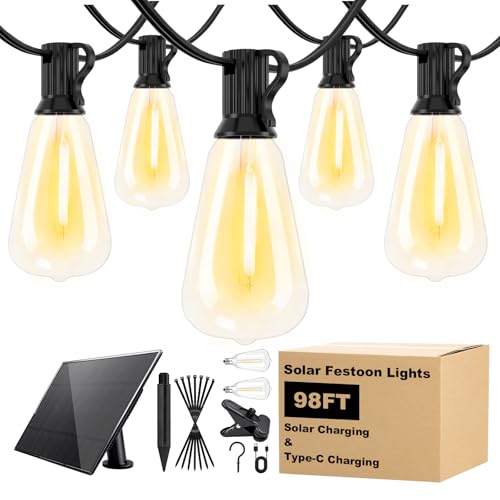 Spacelumen 30M Outdoor Festoon Lights Solar Powered, Outside Patio String with 3 Modes & 37+2 ST38 Edison Bulbs Shatterproof, Solar String Lights Outdoor Garden for Outside Garden Backyard