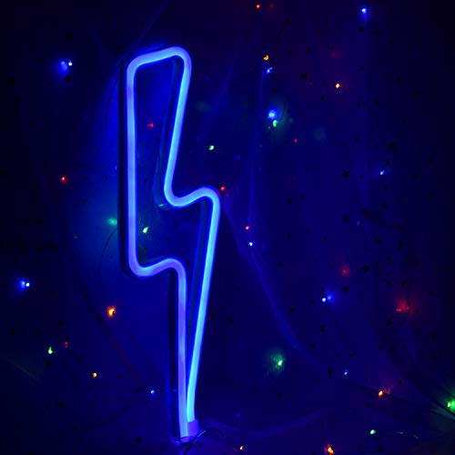 Neon Night Light Blue Lightning Bolt Battery and USB Powered Wall Art LED Decorative Lights for Living Room Man' Cave Games' Room Party Decoration(NELNBB)