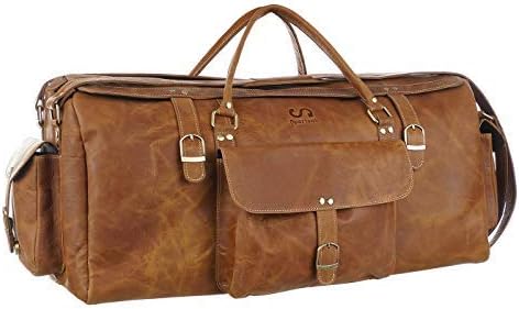 SpartanS Unisex Premium Leather Duffle Travel Bag (Camel Brown)