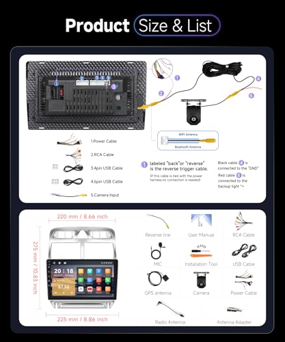 Hodozzy Car Radio for Peugeot 307 2002-2013 with Wireless CarPlay Android Auto, 9 Inch Touchsreen with Bluetooth/RDS Radio/SWC/GPS/YouTube/USB/V-Link/+Reversing Camera