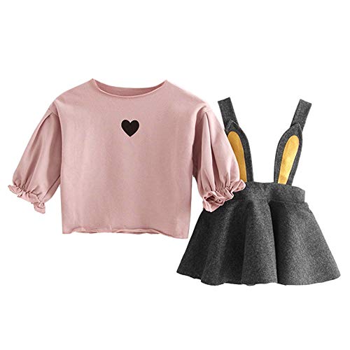 Charberry Infant Baby Girls Long Sleeve Love Print Tops+Bunny Ears Overalls Skirt Outfits - Thumbnail 3