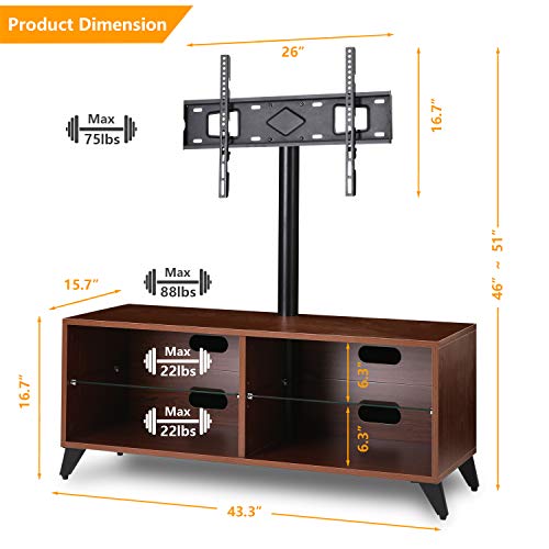 5Rcom Universal Floor Wood TV Stand Console with Swivel Mount for 32 37 42 47 50 55 60 65 inch LCD LED OLED QLED Flat Panel and Curved Screen TVs Height Adjustable Storage Shelf for Media,Walnut - Thumbnail 2