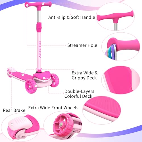 BELEEV A8 Children’s Scooter, 3 to 12 Years Old, Kids’ Folding Scooter with 3 Wheels and LED Lights, 4 Adjustable Heights, Non-Slip Bridge, Scooter for Children and Girls, Childhood Gift