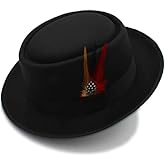 Cotilafi Classic Pork Pie Hat with Feathers Flat Top Fedora, Vintage Panama Hats, Warm Comfortable Jazz Cap