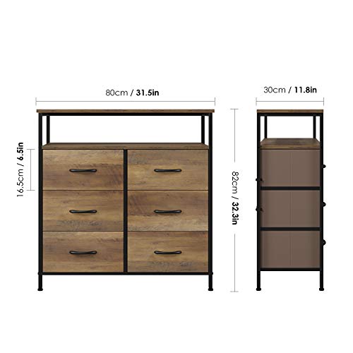 HOMECHO Fabric Dresser Chest with 6 Drawers, Wide Chest of Drawers with 2 Tier Wood Shelves