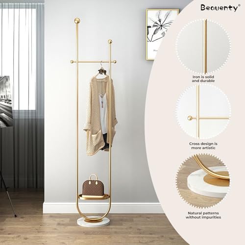 Beauenty Fashion Coat Rack, U-Shape Clothes Stand, Metal Coat Racks with Stone Slab Base, Modern Freestanding Hanger for Clothing, Bags, Hats, Entryway, Living Room, Height 1.9M (Golden)