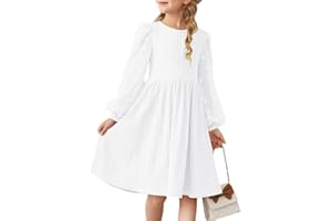 DOKOTOO KIDS Girls Fall Long Sleeve Knit Dresses Casual Crewneck Swiss Dot A-line Dress 6-15 Years