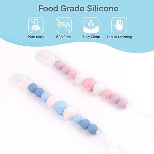 TYRY.HU Pacifier Clips Silicone Teething Beads BPA Free Binky Holder for Girls, Boys, Baby Shower Gift, Teether Toys, Soothie, Mam, Drool Bibs, Set of 2 (Pink, Blue)