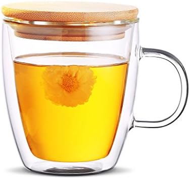 DHOMET 375ML Double-Wall Insulated Coffee Mug Glass Tea Tumbler with Handle,DGYBL088