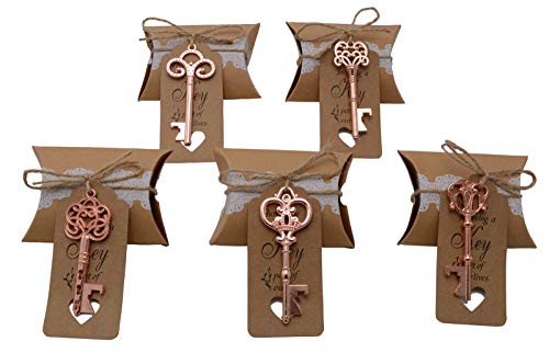 Wedding Favors for Guests 100 Pack Mixed Large Skeleton Key Bottle Openers (Rose Gold) with Tag and Pillow Candy Box and Twine Vintage Bridal Shower Favors Bottle Openers (100 pack Rose Gold)