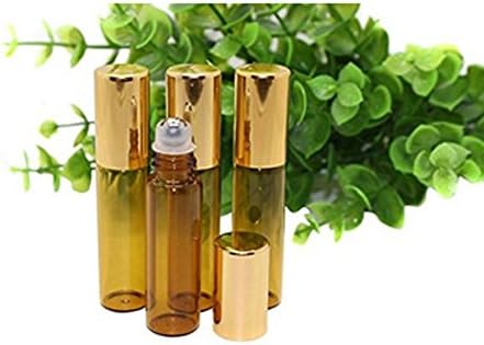 12 Pcs 5ml 0.17oz Empty Refillable Amber Glass Roll on Bottles with Stainless Steel Roller Balls and Gold Lid Perfumes Essential Oil Lip Gloss Balms Roller Bottle Vial Container