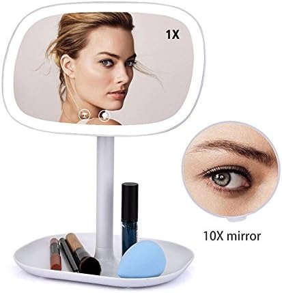 GF Wood Usb Charge Led Makeup Mirror 360 Degree Rotatable With 10X Magnifying Touch Screen Vanity Square Desk Stand Cosmetic Mirror,White