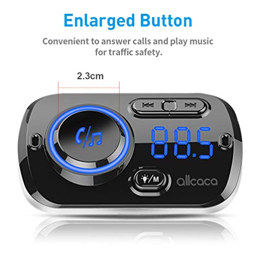 ALLCACA Car FM Transmitter Wireless Audio Adapter Receiver Hands Free Car Kit with QC3.0 Charging and 7-Color Backlit, 4 Play Modes
