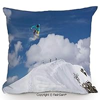 FashSam Decorative Throw Pillow Cover Flying Snowboarder on The Mountaintop with Cloudy Sky Extreme Sports Theme Photo for Pillow Cover for Living Room(14" Wx14 L)