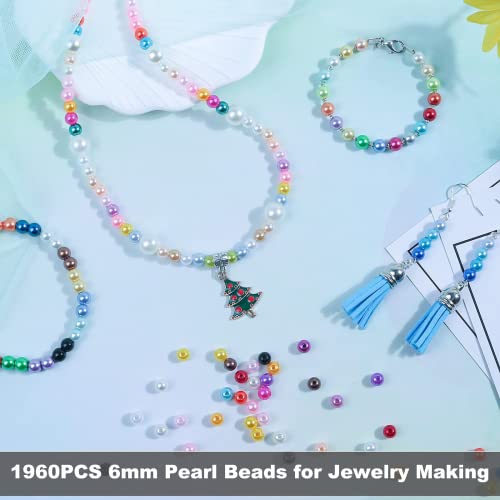 1960PCS Multicolor Pearl Beads, 6mm Round Acrylonitrile Butadiene Styrene Craft Beads for Jewelry Making