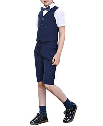Boys Summer Formal Suits Vest Shorts Shirt Bow Tie 4 Pieces Blue and Black