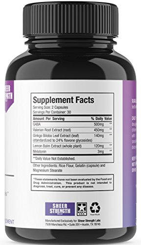 Extra Strength Natural Sleep Aid Formula - Non Habit Forming Sleeping Pills with Melatonin, Valerian Root, GABA, and Lemon Balm Extract - Herbal Supplement - 60 Veggie Caps - Sheer Strength Labs - Thumbnail 2