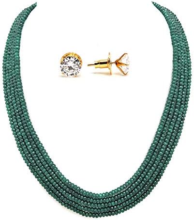 Taruna Biyani 5-Layered Semi Precious Gemstone Beaded String Necklace Mala for Women with CZ Solitaire Stud Earrings
