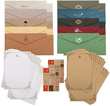 Amazon Sitengle レターセット 封筒 10色 便箋 手紙 クラフト用紙 アンティーク調 シンプル おしゃれ 箔押し 招待状 結婚式 お祝い手紙 挨拶状 お礼状用 タイプa B 封筒10色枚 便箋2色32枚 封緘シール 2組26枚 レターセット 文房具 オフィス用品