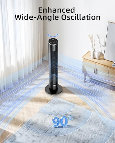 Ateroll Silent Tower Fan, Electric Cooling Fan, 90° Oscillating Bladeless Fan with Remote, 4 Speeds 3 Modes 12H Timer LED Display, Energy Efficient Standing Fan for Home Office, Black Fan