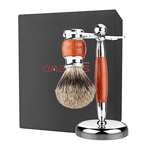 Shaving Brush and Stand, Anbbas Pure Badger Bristle Hair Shave Brush Wood & Alloy Long Hand and Chrome Shaving Stand Set for Double Edge Safety Razor Traditional Shaving Razor Women Men