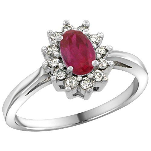 Sterling Silver Natural Enhanced Ruby Diamond Flower Halo Ring Oval 6X4mm, 3/8 inch wide, size 10