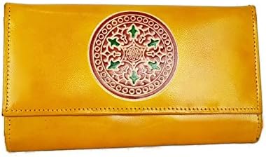 Tarini Womens Leather wallet handmade in Yellow Mandala, spacious credit card clutch