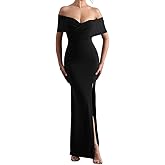 LAGSHIAN Women's Elegant Bodycon Off Shoulder Ruched Split Hem Long Formal Basic Evening Dress