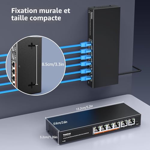 6 Port Unmanaged 10G Ethernet Switch, 4 2.5G Base-T Ports, 2 Ports RJ45 10Gb, 100/1000/2500Mbps Compatible, Metal Enclosure, VLAN, YuanLey 2.5Gbe Network Switch for 2.5G/10G NAS