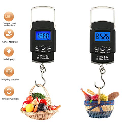 JDgoods 2019 New Portable Precision Digital Mini Scale, 50kg Electronic Scale Portable Hook Scale Hoisting Rope Scale Spring Scale With Ruler,Backlight LCD Display, Stainless Steel, 110lb/50kg