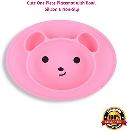 Placemat for Babies & Toddlers & Kids, One Piece with Bowl Dish, Baby Feeding Place Mat with Cute Face, Non-Slip 100% Food Grade Silicon & BPA Free, Dishwasher Safe (Pink)