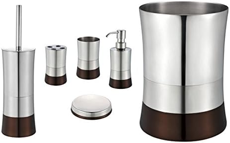 Brown 6 Piece Bathroom Accessory Set: Stainless Steel, Trash Bin, Toilet Brush, Toothbrush Holder, Tumbler, Soap Dish and Dispenser (6 Piece Set with Un-lidded Trash Bin)