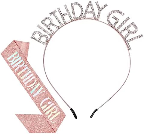 Rose Gold Birthday Crown and Sash Set for Women Tiara, Headband