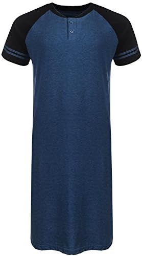 Men Sleep Shirts Henley Neck Short/Long Sleeve Nightwear Patchwork Long Nightshirt