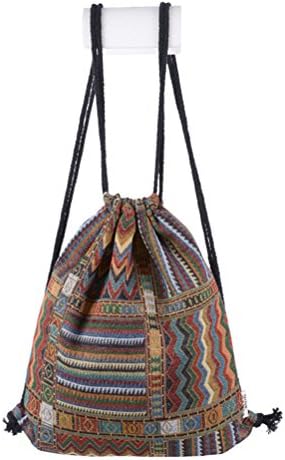 Yiuswoy Boho Style Fabric Linen Drawstring Backpack Lightweight Gymsack Sports Bag PE Bag Swimming Bags Canvas Drawstring Rucksack - Model C