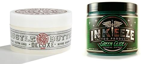 Numbskull - Bundled Hustle Butter Deluxe, Tattoo Butter for Before, During, and After the Tattoo Process, 5oz, &amp; INK-EEZE Green Glide Aftercare Tattoo Ointment, 16oz