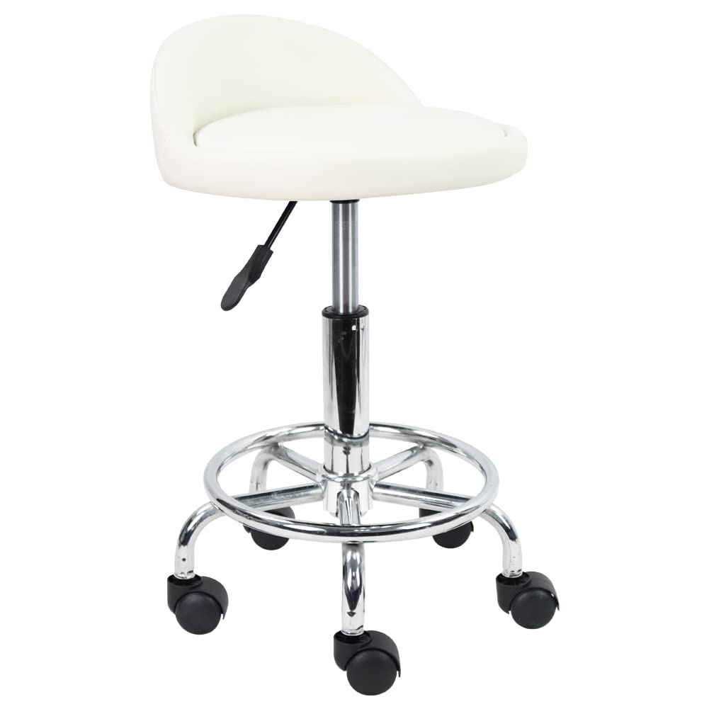KKTONER PU Leather Round Rolling Stool with Foot Rest Height Adjustable Swivel Drafting Work SPA Task Chair with Wheels (White)