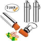 3 Packs Aluminum Waterproof Pill Holder, Effiet Pillbox Case Fob Medicine Bottle Drug Holder Compact Container Keychain Nitroglycerin Pill Case with Bonus Earplug Ear Plugs (Silver)