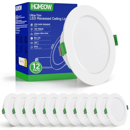 HOMEOW 12 x Recessed LED Spotlights for Plasterboard, 220 V 7 W 4000 K Natural Light LED Spotlights for Recessed Interior, IP44 Spotlight for Bathroom, Diameter 118 mm, Hole Diameter 95-110 mm