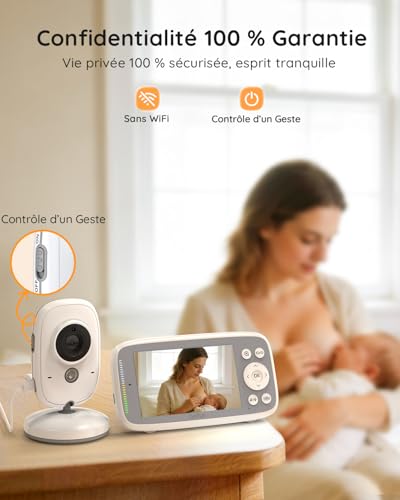 Boifun Baby Camera Baby Monitor without WiFi, Invisible Infrared Night Vision, 4 Inches, HD 720P, Two-Way Intercom, Lullabies, Temperature/Sound Sensor, 3x Zoom, Baby Bottle Reminder