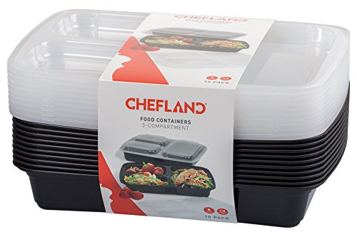 ChefLand 3-Compartment Microwave Safe Food Container with Lid/Divided Plate/Bento Box/Lunch Tray with Cover, Black, 10-Pack - Thumbnail 4