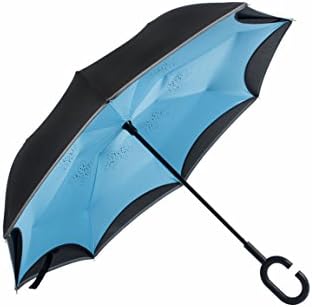 Inverted Umbrella, Reflective Stripe, Double Layers Reverse Folding Umbrella Waterproof, Windproof and Sunproof, Innovative C Shaped Handle and Self Standing