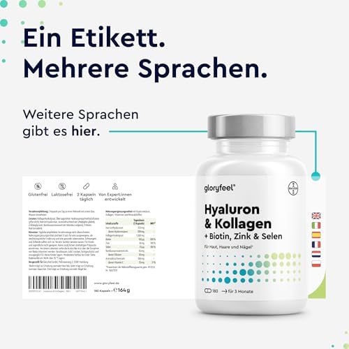 Hyaluronsäure + Kollagen 180 Kapseln - mit Biotin, Vitamin C, Zink, Selen & Silizium - für Haut, Haare, Nägel* - laborgeprüft & in Deutschland entwickelt