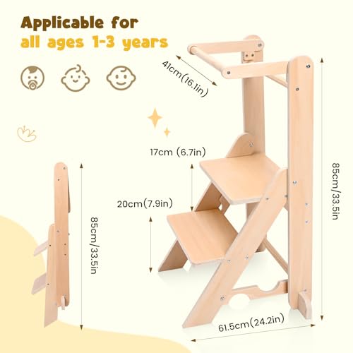 Folding Learning Tower, Observation Tower for 1-5 Year Old, Montessori Learning, Natural Wood Kitchen Helper, Safe and Easy to Assemble (50kg Capacity)