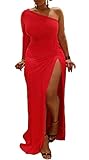 Womens Sexy Plus Size One shoulder Long Sleeve High Slits Maxi Dress,Red,X-Large