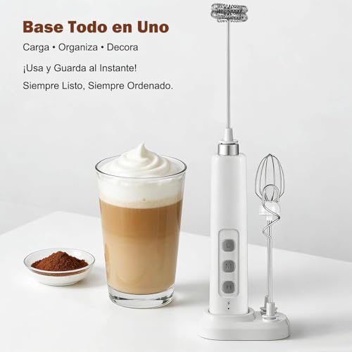 ENGREPO Espumador de Leche Eléctrico Recargable USB, Batidor de Cafe para Hacer Espuma,3 Velocidades con 3 Batidores Acero Inoxidable, Batidor Electrico de Mano Para Capuchino, Latte, Matcha (Blanco)