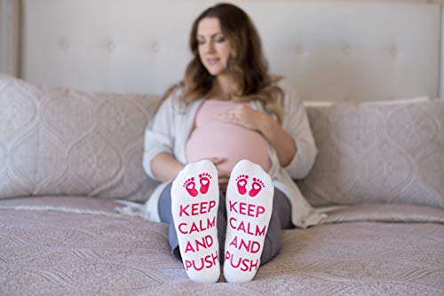 DonnaElite Labor & Delivery Inspirational Non Skid Push Maternity Socks | Luxury Combed Cotton Non Slip Grip for Pregnancy and Hospital Bag (Red - Keep Calm and Push)