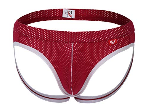 ARCITON Men's Sexy Jockstrap Breathable Mesh G-String Thong Underwear Medium(Waist: 28"- 30") Rose Red