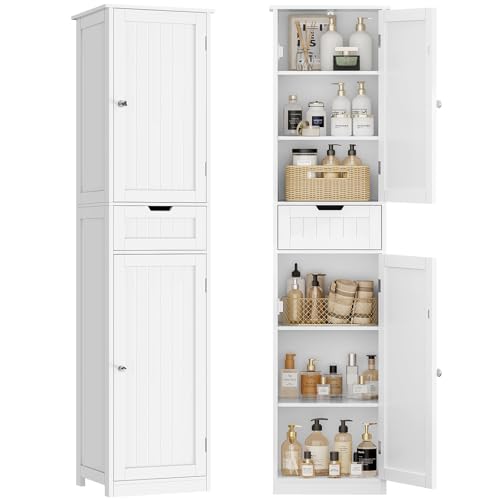 FIONESO 67" Tall Bathroom Cabinet, Storage Cabinet with Drawer & 2 Adjustable Shelves, Bathroom Storage Cabinet with 2 Doors, Floor Cabinet for Living Room, Bathroom, Home Office, Entryway, White